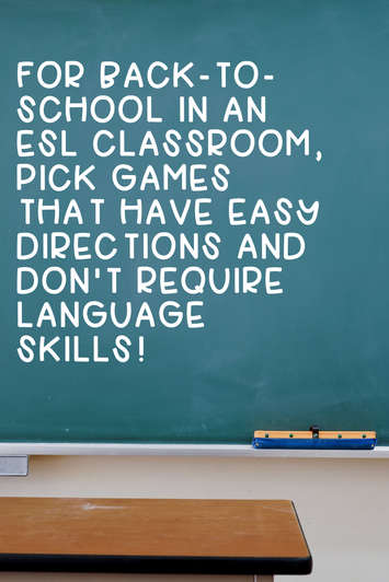 Picture shows a chalkboard with text. The text tells that ESL Back to School Games should have easy directions and minimal language requirements