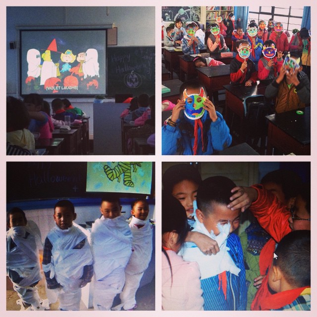 Four pictures of English Language Learner students in rural China experiencing their first Halloween. 1) Watching Charlie Brown 2) Making masks 3) Toilet Paper Mummies Completed 4) Making Toilet Paper Mummies