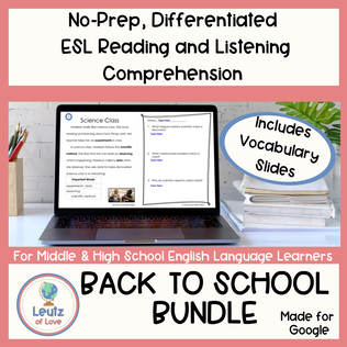 An ESL Back to School reading comprehension resource on a computer, next to a stack of books. 